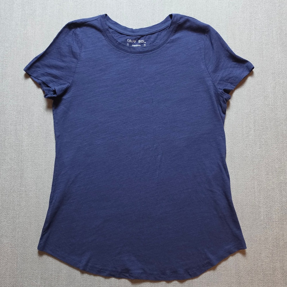 Blue Sol T-Shirt Women Medium Navy Blue Slub Knit Cotton Modal Curved Hem Tee